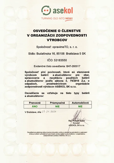 Náhľad osvedčenia ASEKOL pre prenosné batérie a akumulátory