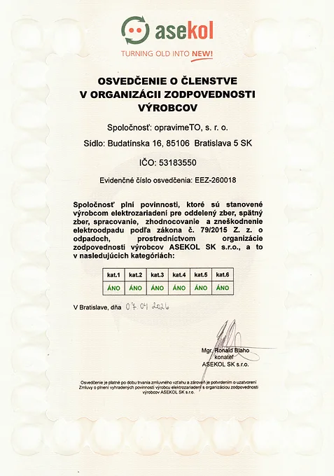 Náhľad osvedčenia ASEKOL pre elektrozariadenia