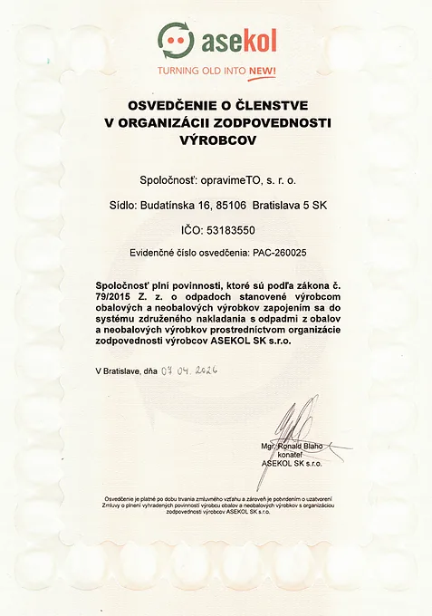 Náhľad osvedčenia ASEKOL pre obaly a neobalové výrobky